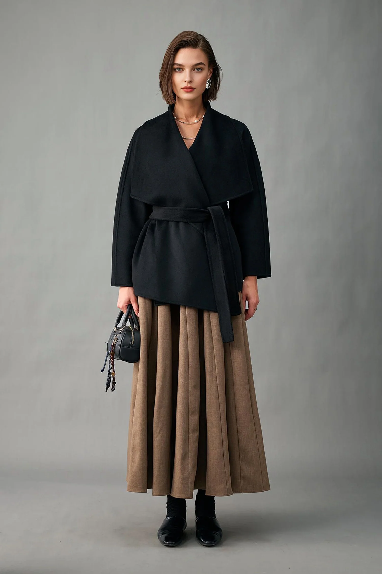 Handcrafted Double-Faced Cashmere Draped Collar Short Wrap Coat - kasudy