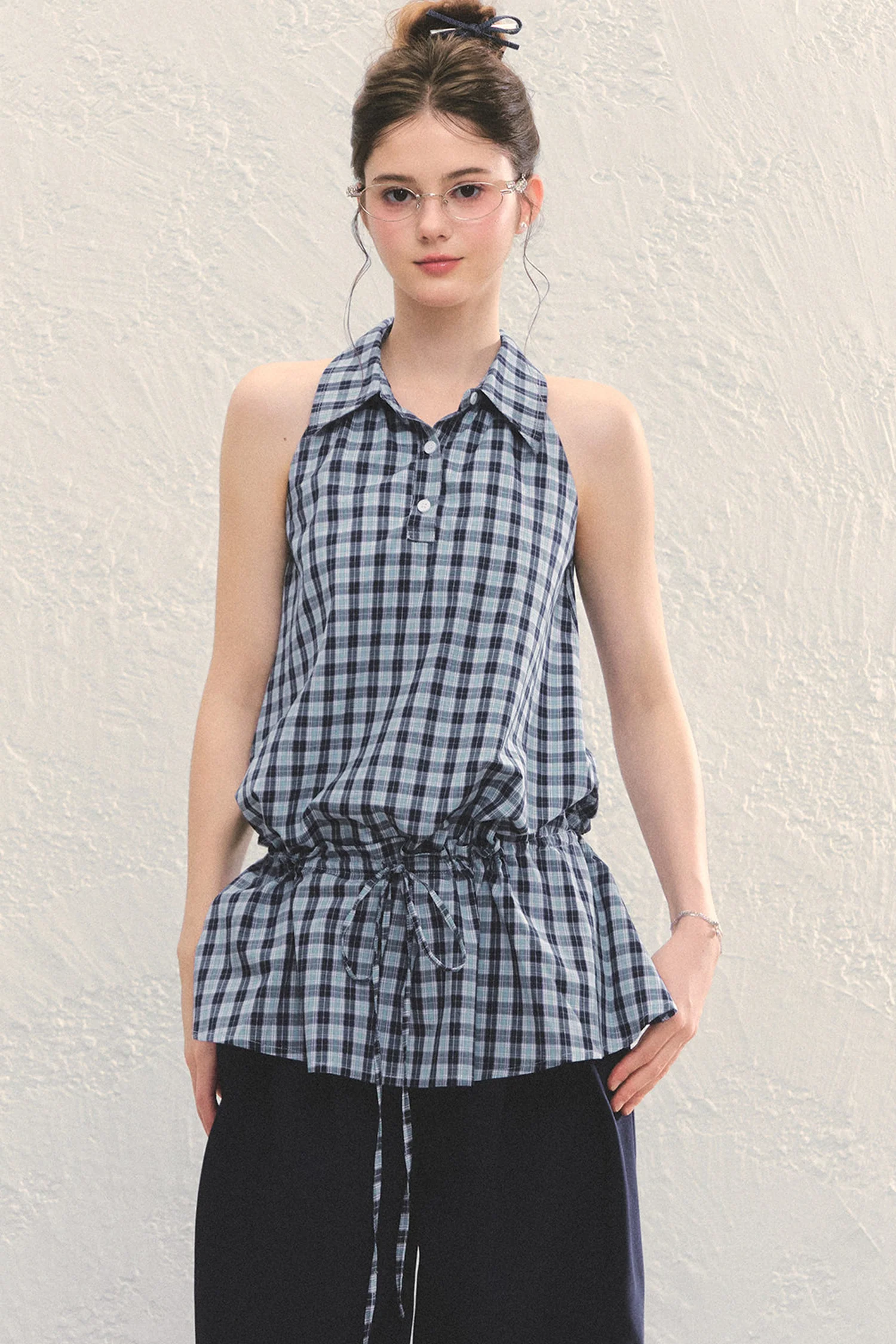 Plaid Sleeveless Halter Drawstring Top Set-Up - kasudy