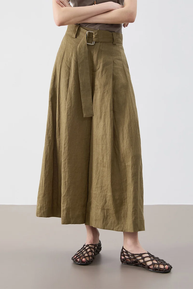 100% Linen Breathable Flowy Cropped Wide-Leg Pants - kasudy