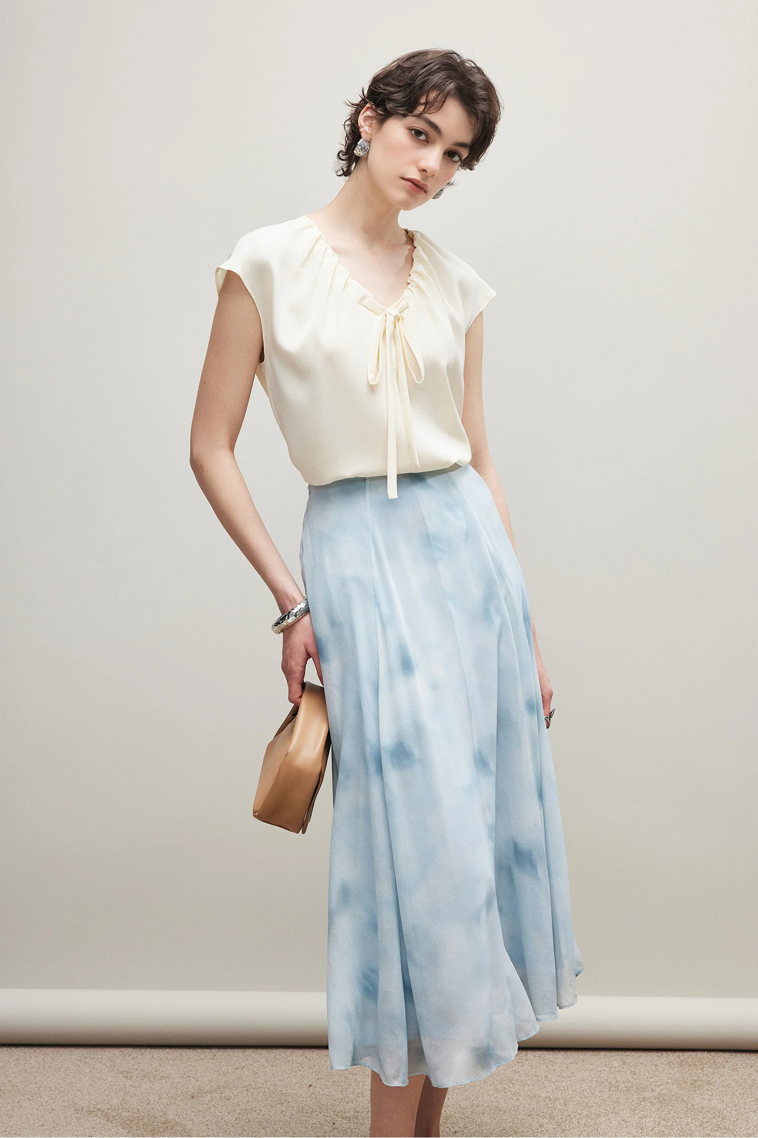 100% Silk 30 MM Heavy Crepe Ruched V-Neck Blouse - kasudy