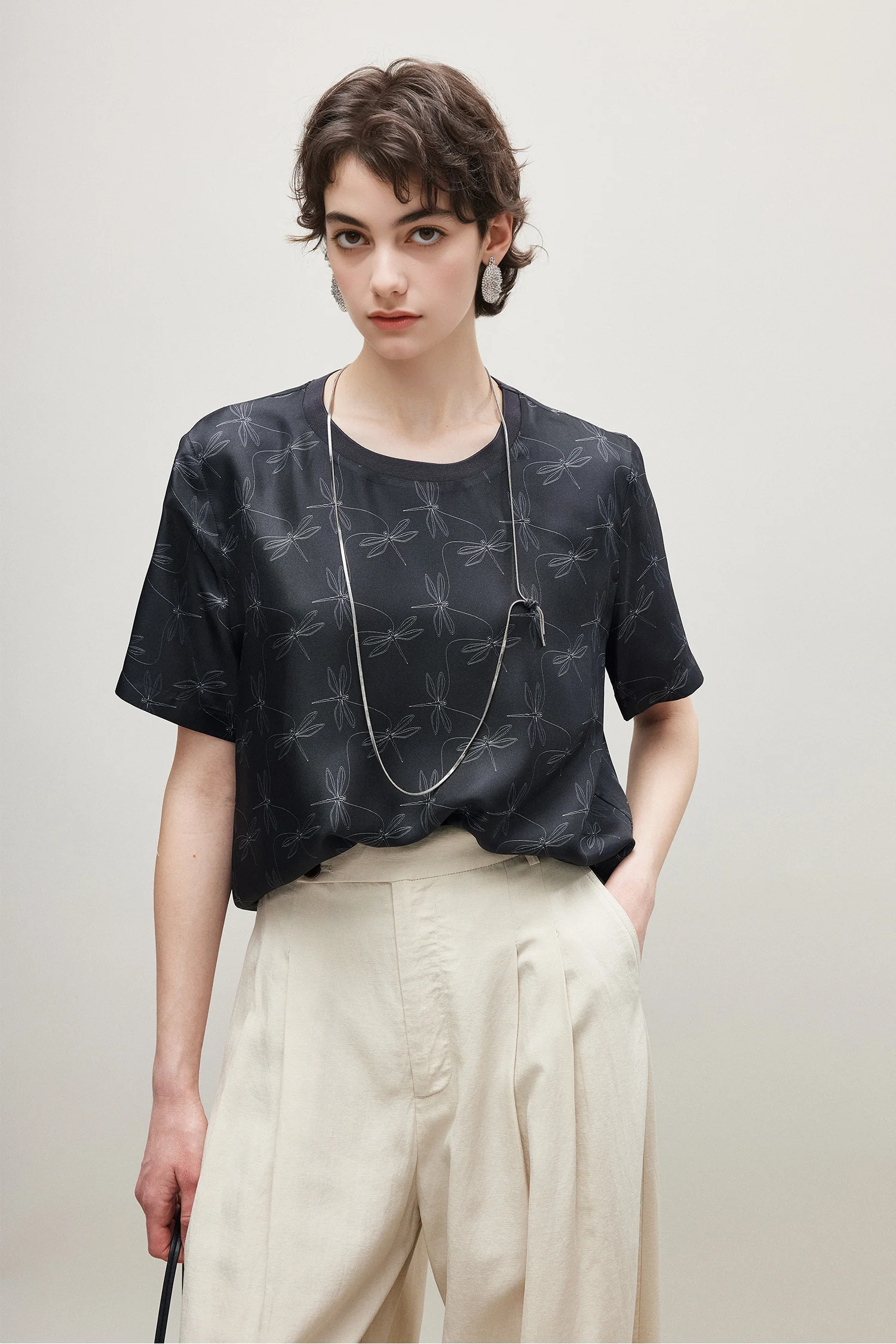 100% Silk Crew Neck Printed Short Sleeve T Shirt - kasudy
