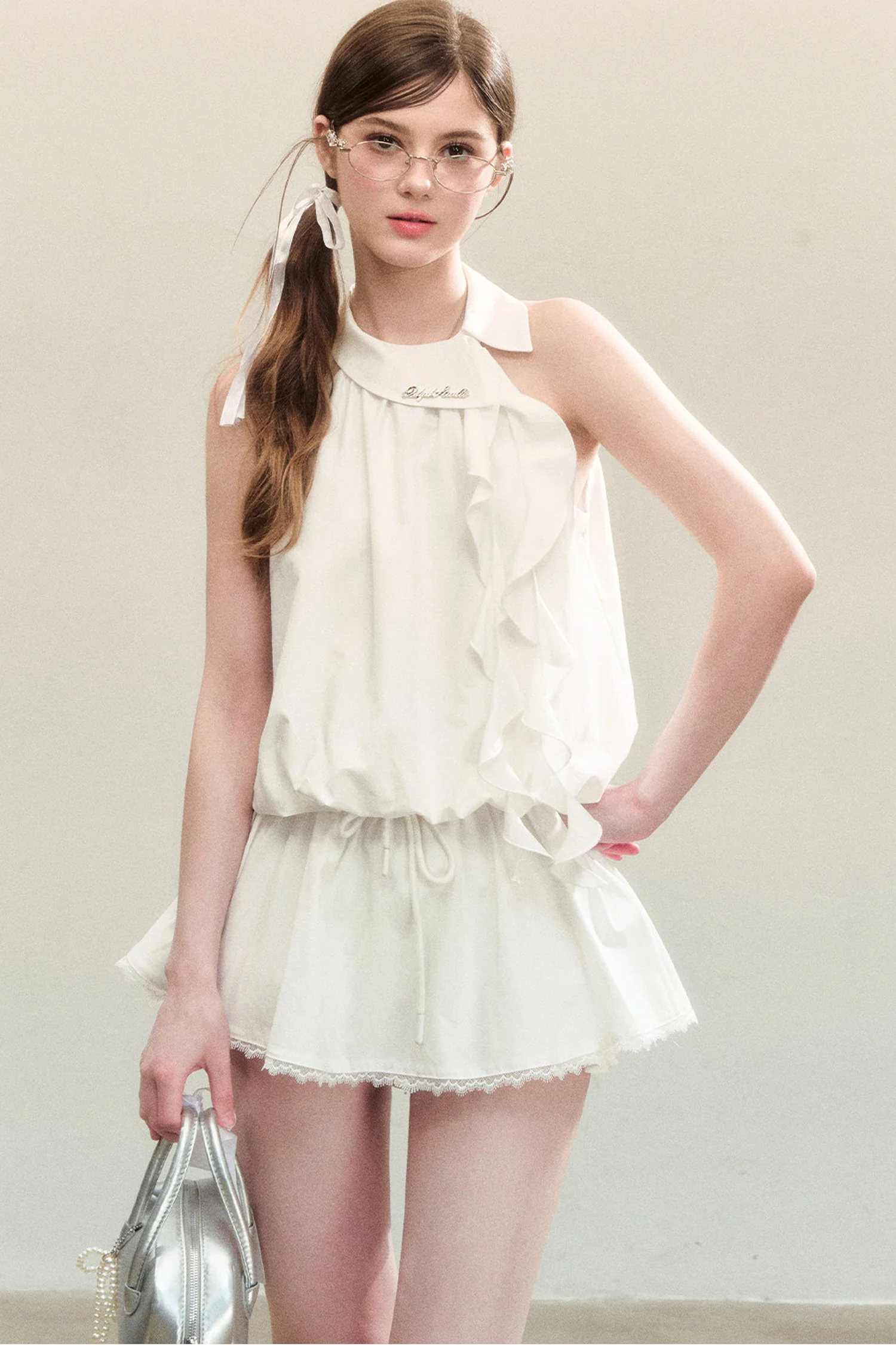 White Sleeveless Halter Top and Short Skirt Set-Up - kasudy