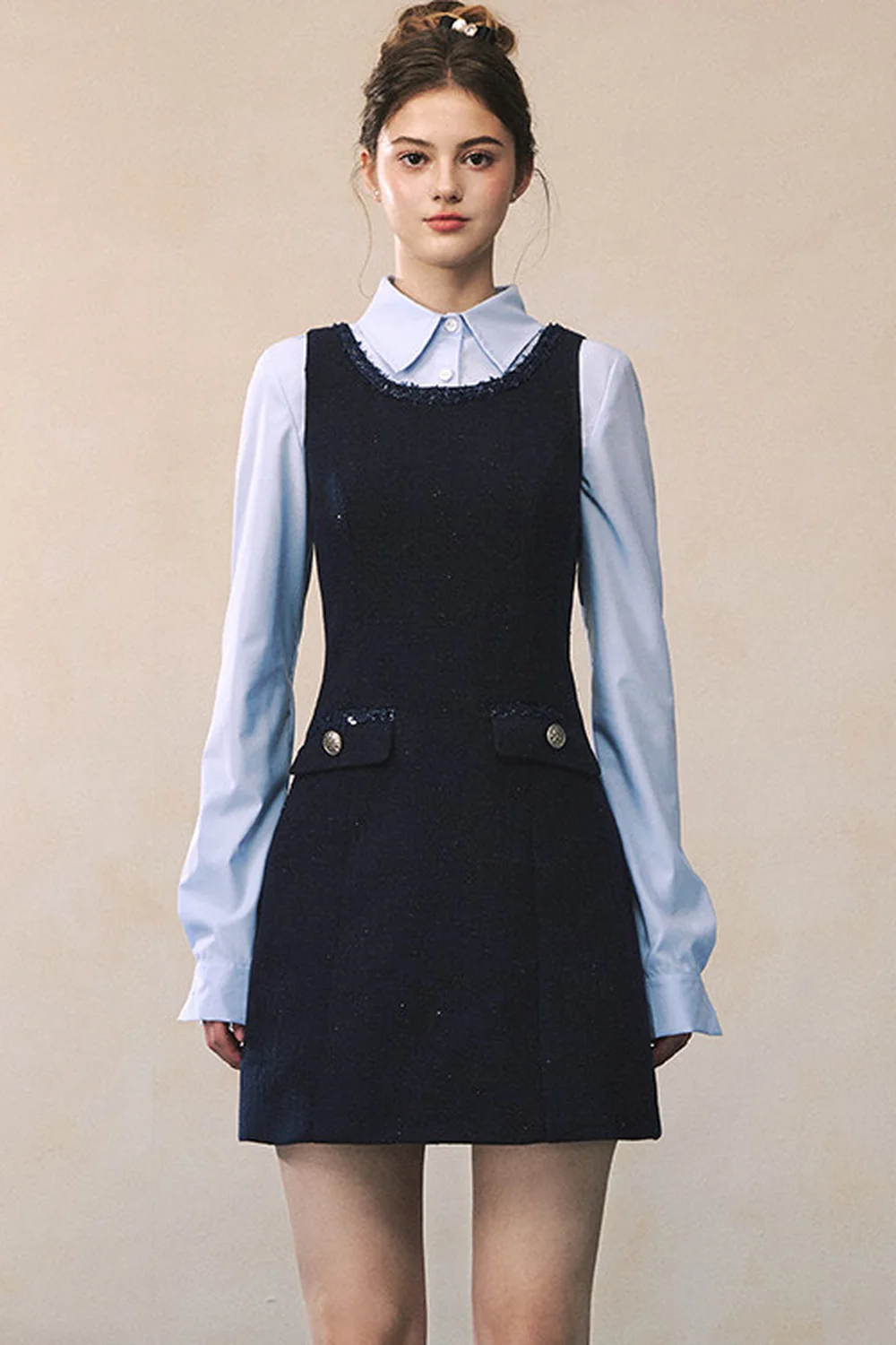 Blue Long-Sleeve Shirt Navy Dress Set-Up - kasudy