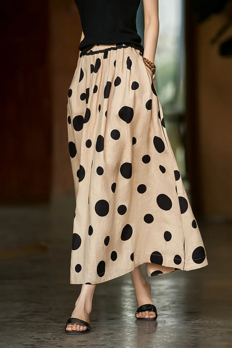 100 Linen Polka Dot A-Line Midi Skirt - kasudy