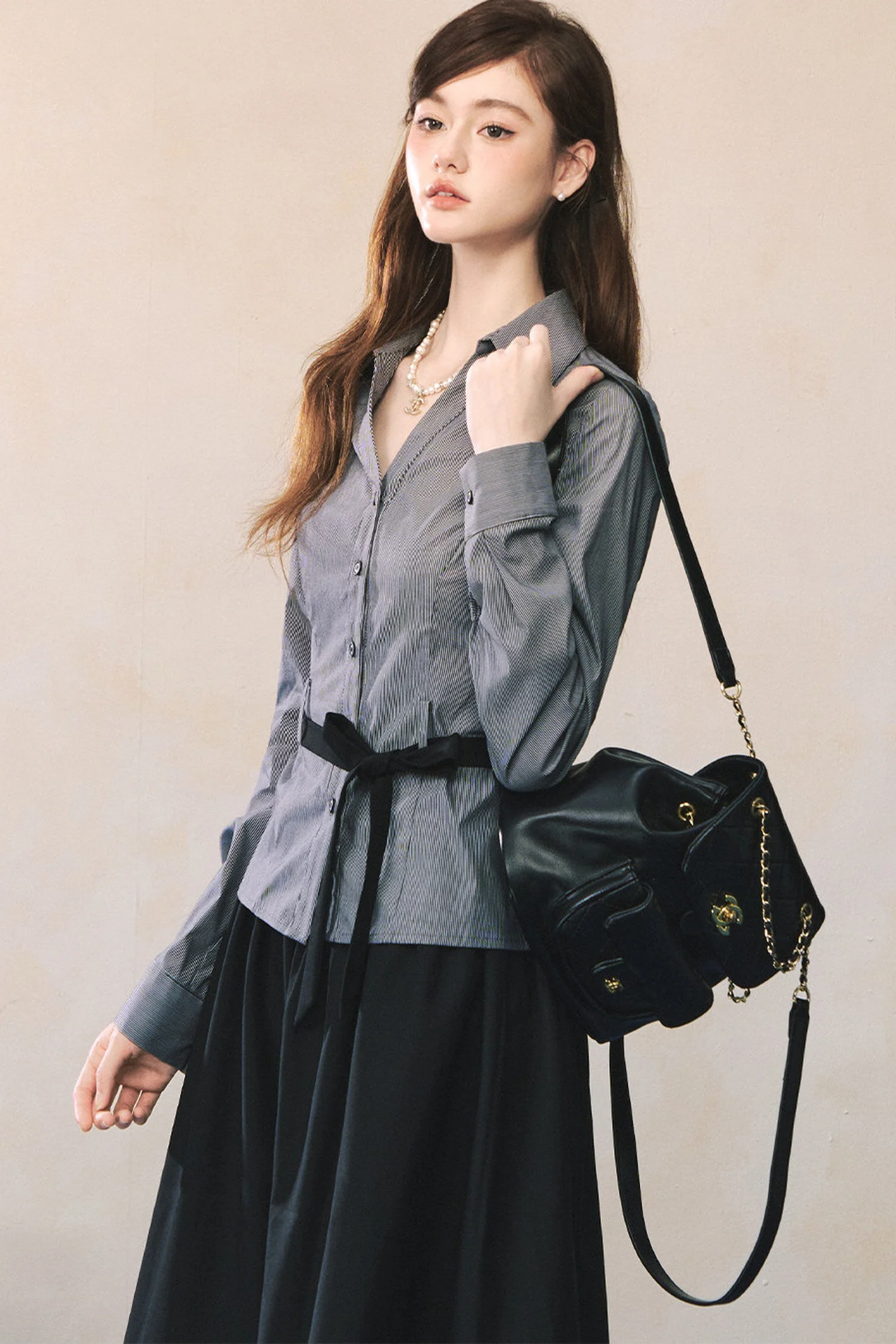V-Neck Long-Sleeved Tie-Waist Shirt - kasudy
