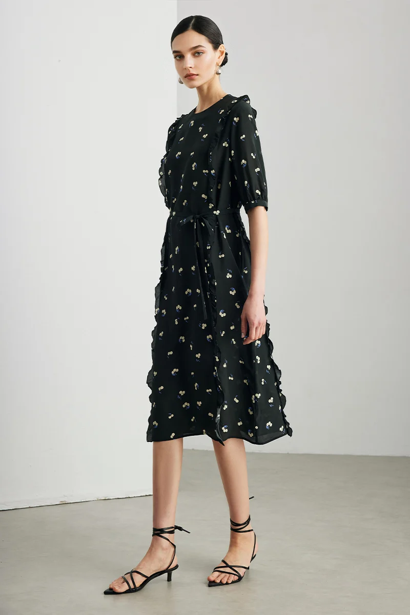 100% Silk 14 Momme Side Ruffle Floral Midi Dress - kasudy