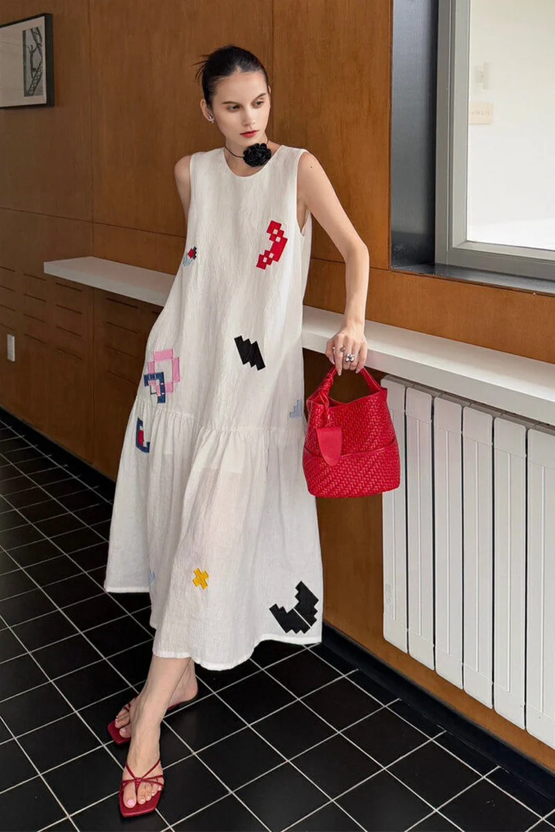 White Cotton-Linen Embroidered Sleeveless Maxi Dress - kasudy