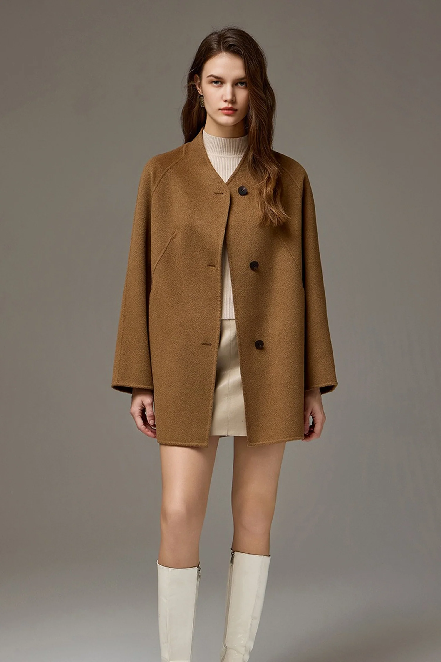 Collarless Silk-Wool Double-Faced Midi Coat - kasudy
