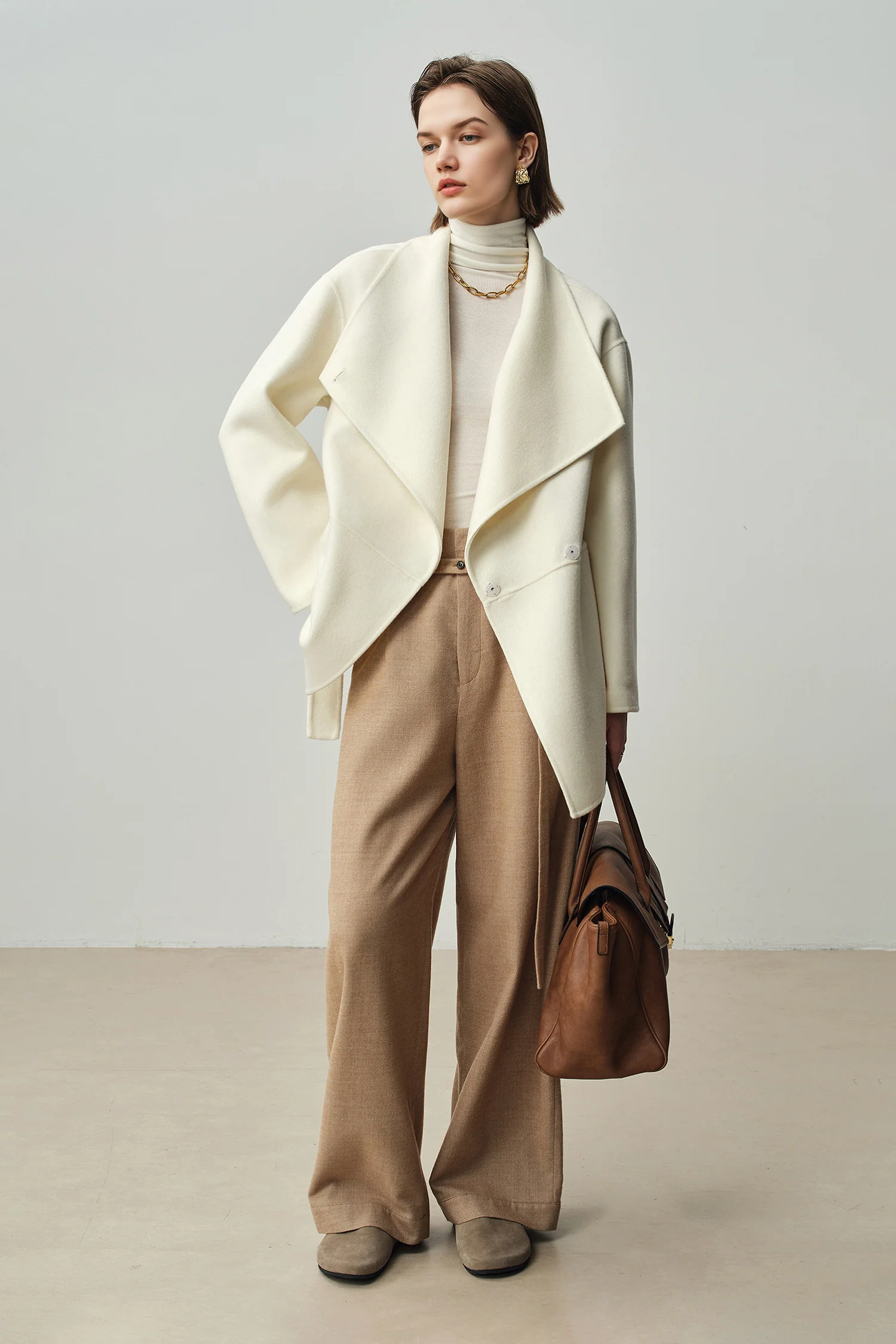 Asymmetrical Wool-Cashmere Belted Short Wrap Coat - kasudy