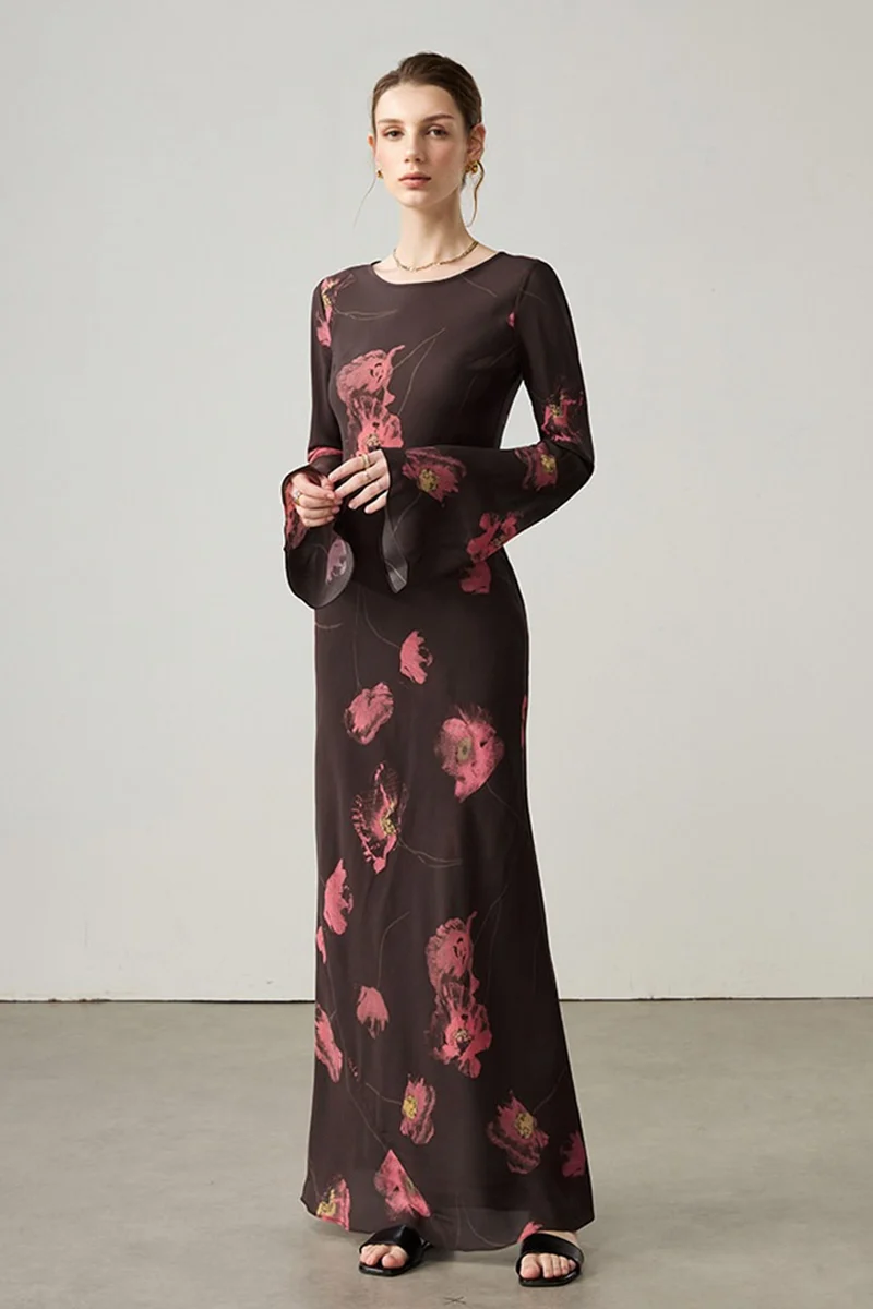 Elegant Silk Floral Long Sleeve Maxi Dress - kasudy