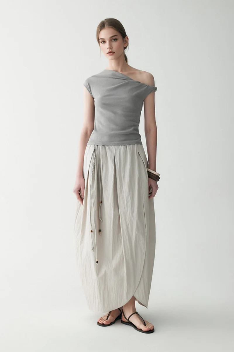 Grey Cotton Maxi Skirt with Pockets - kasudy