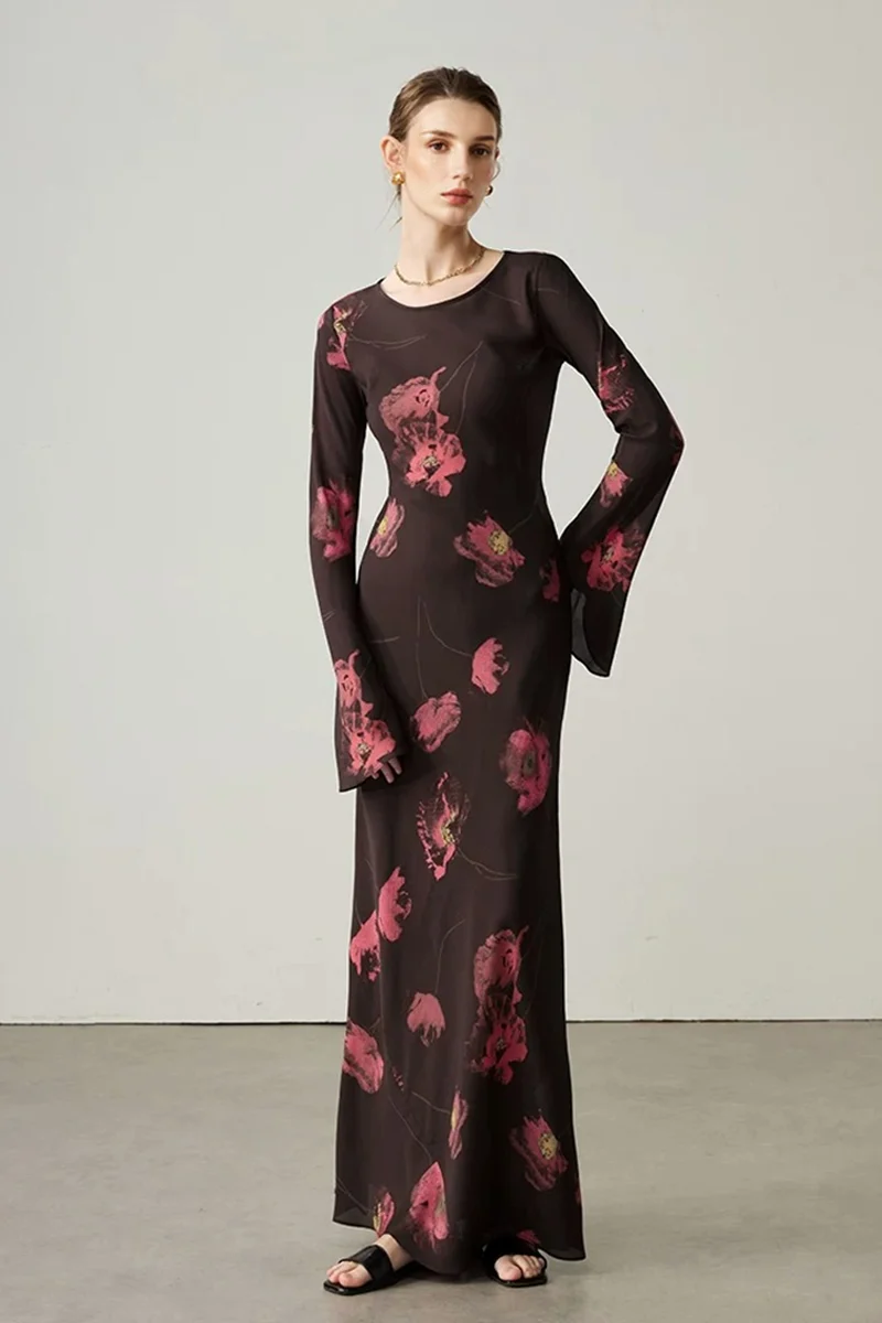 Elegant Silk Floral Long Sleeve Maxi Dress - kasudy