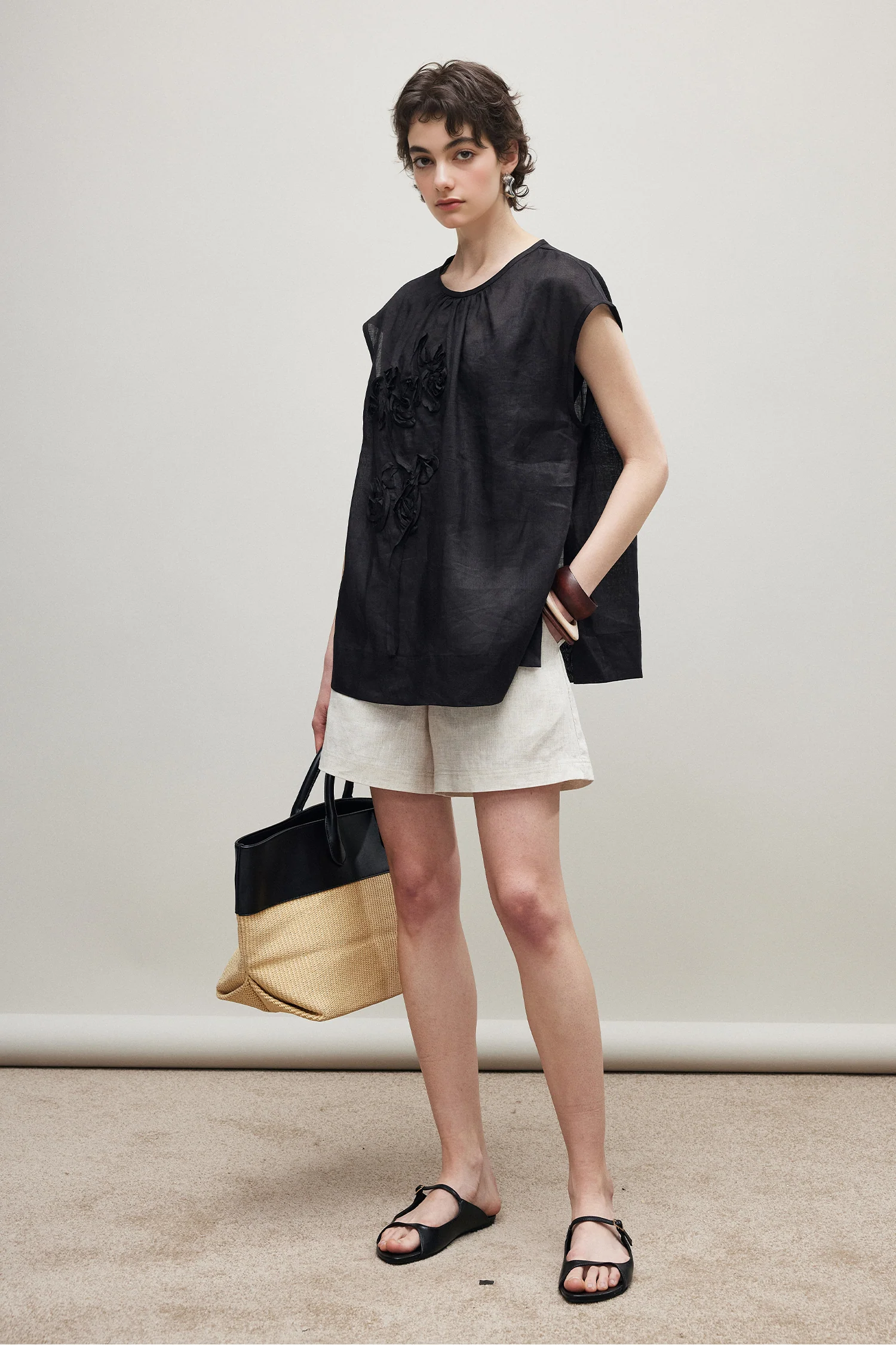 100% Ramie Floral Embroidered Cap Sleeve Top - kasudy