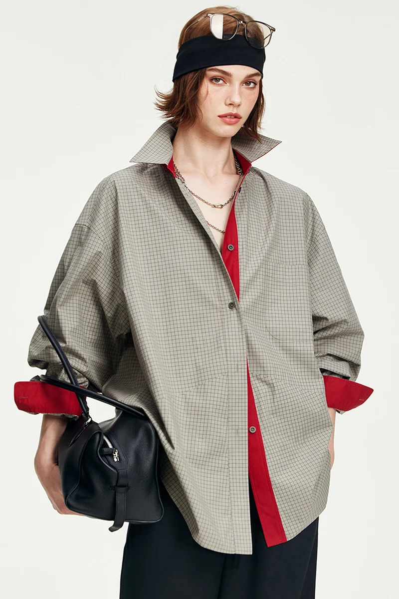 100% Cotton Red Trim Oversized Shirt - kasudy