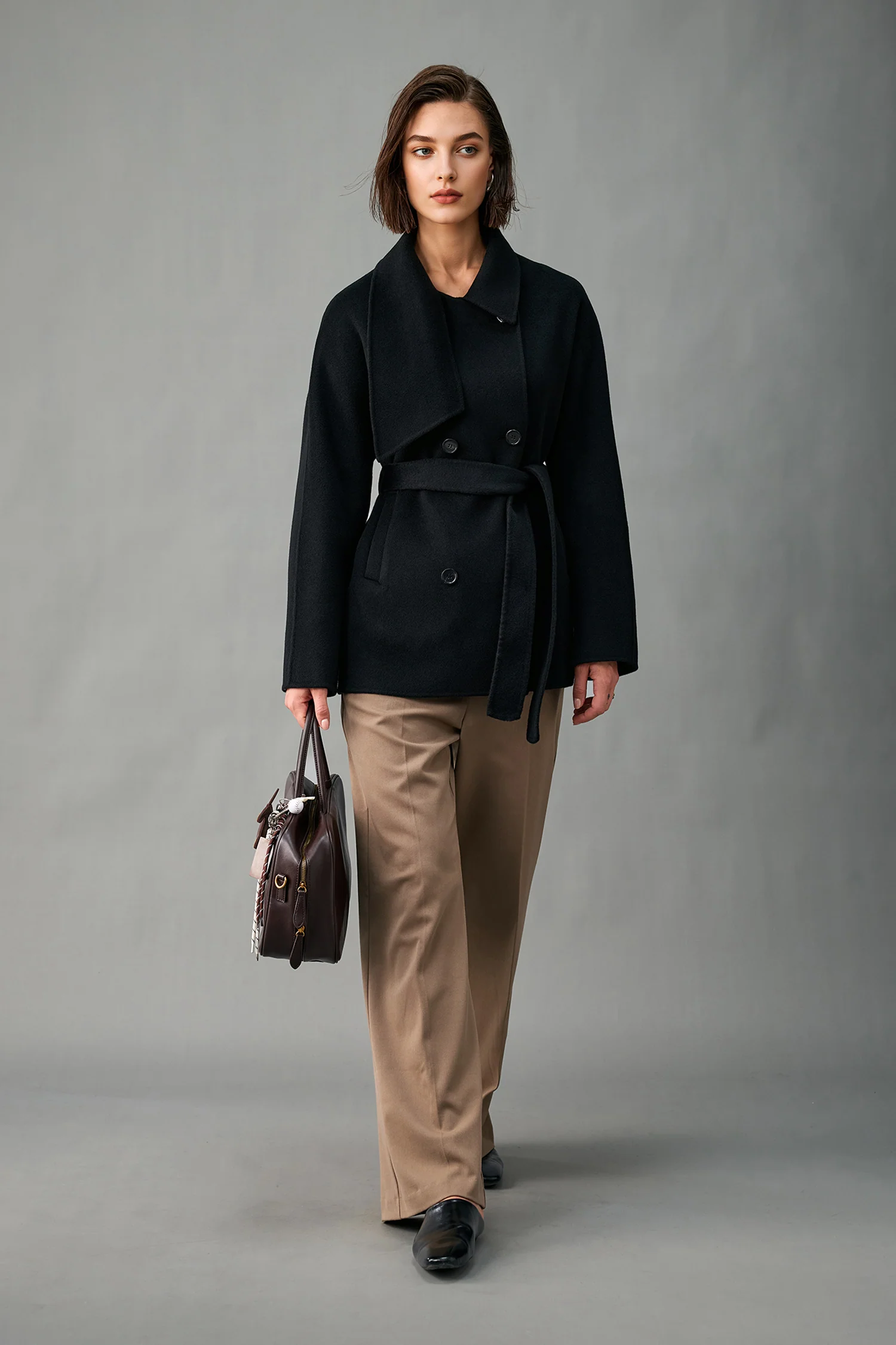 Handcrafted Cashmere Double-Breasted Short Belted Coat - kasudy