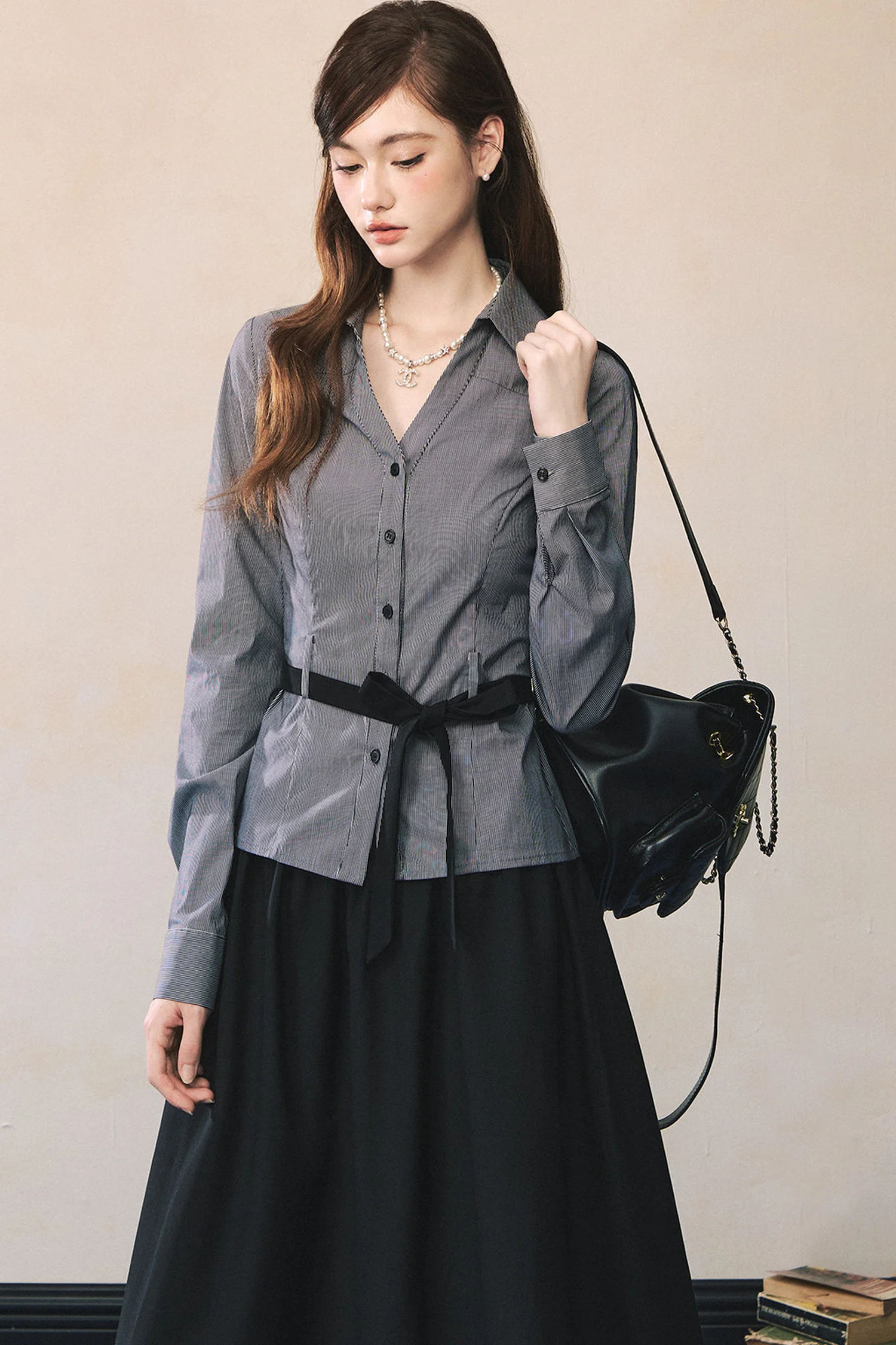 V-Neck Long-Sleeved Tie-Waist Shirt - kasudy