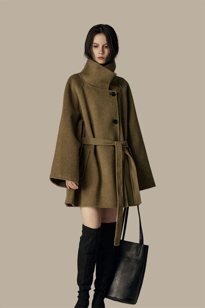 Oversized Wool Alpaca Stand Collar Cape Coat with Belt - kasudy