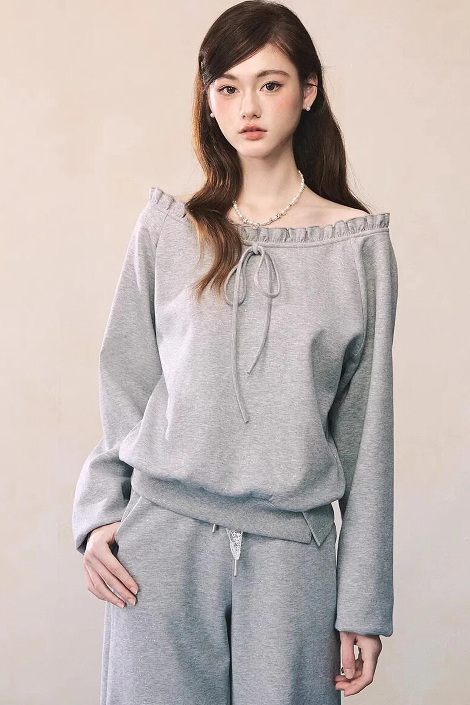 Gray Off-Shoulder Sweatshirt and Sweatpants Skirt Set-Up - kasudy