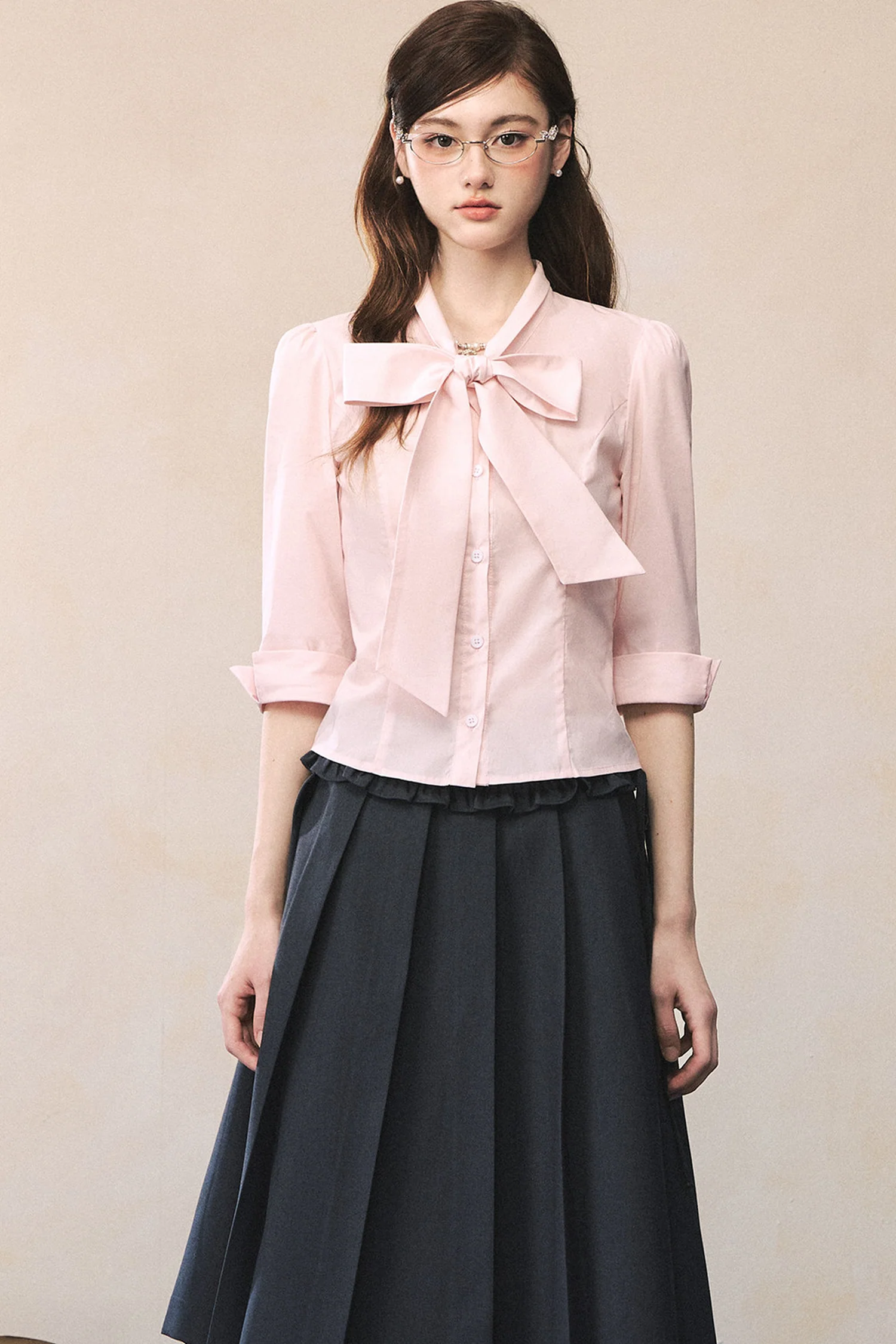 Pink Butterfly Tie-Neck Long-Sleeve Shirt - kasudy