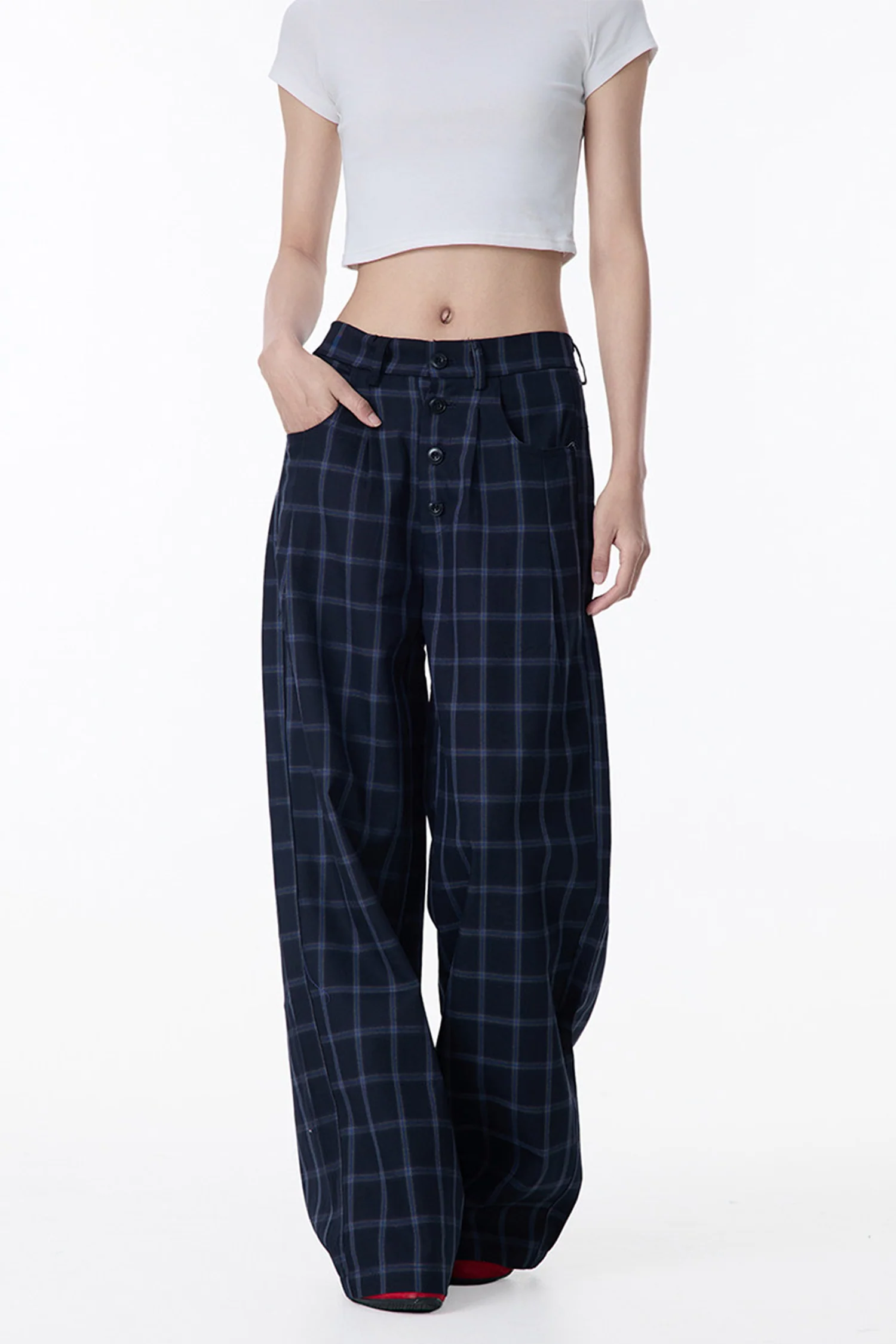 Vintage Plaid Wide-Leg Low-Rise Pants in Blue - kasudy