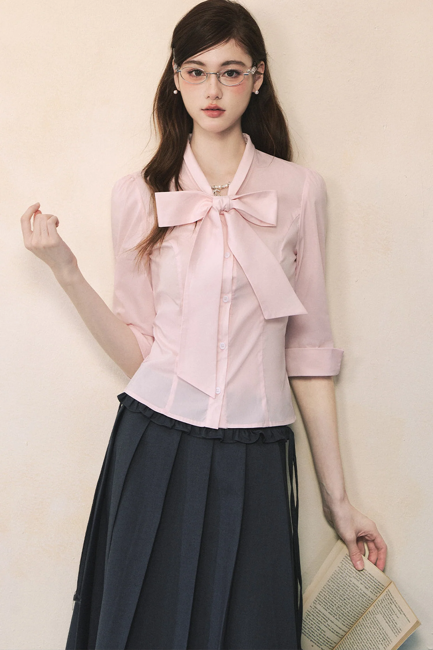 Pink Butterfly Tie-Neck Long-Sleeve Shirt - kasudy