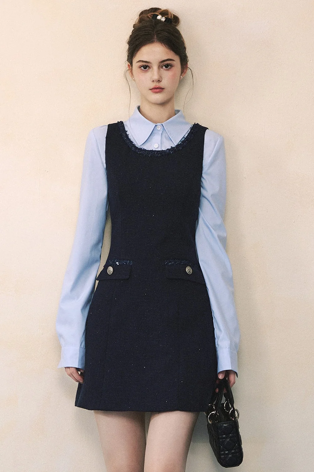 Blue Long-Sleeve Shirt Navy Dress Set-Up - kasudy