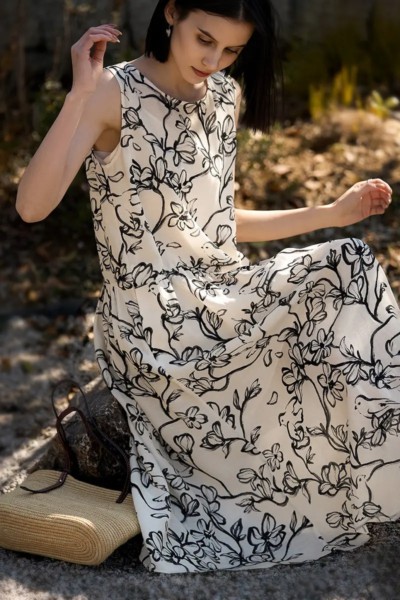 Linen Floral Sleeveless Midi Dress - kasudy
