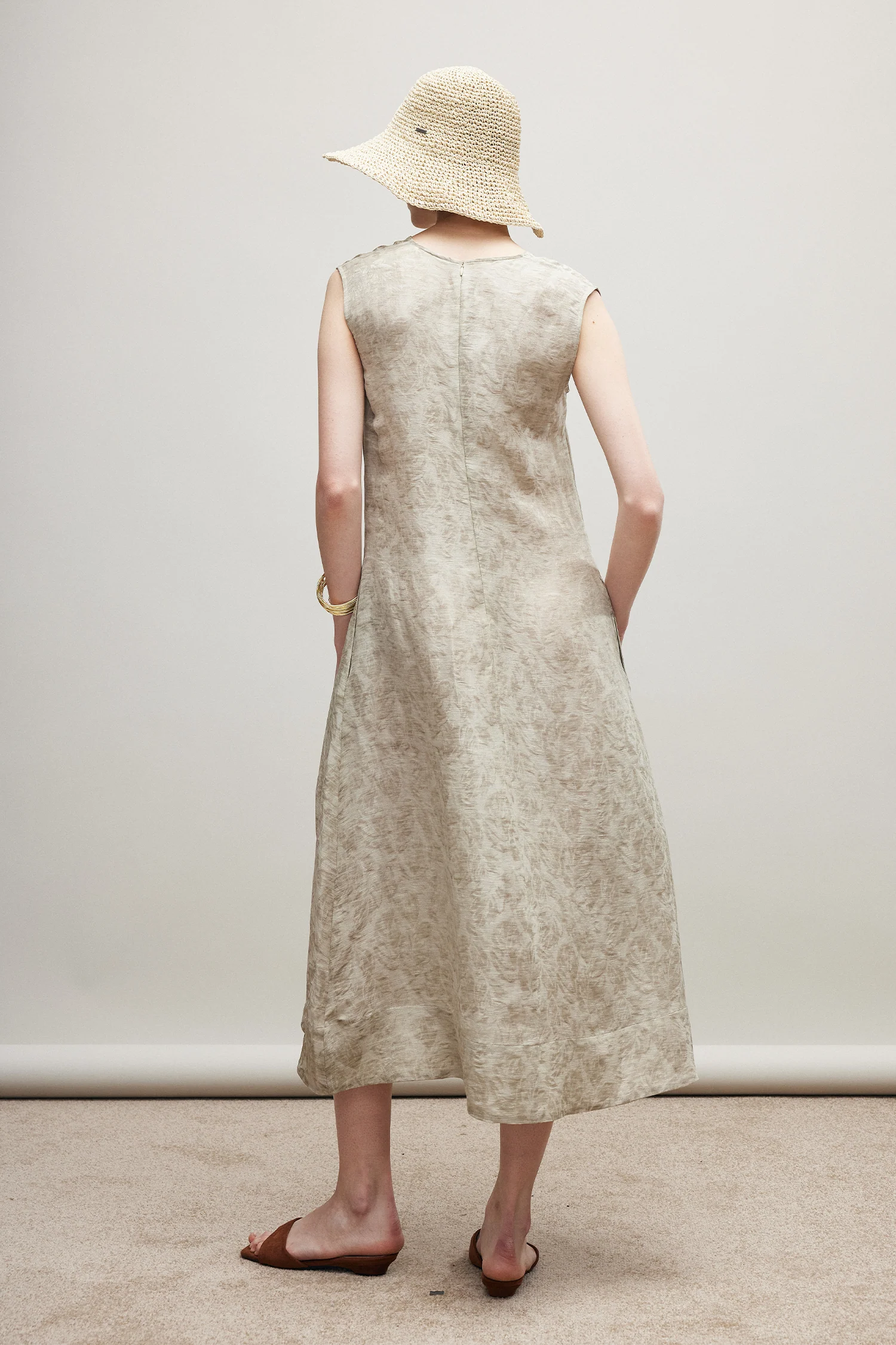 Flowy Silk Linen Sleeveless A-Line Midi Dress - kasudy