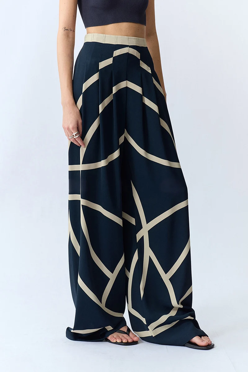 Abstract Print High Waist Pleated Wide-Leg Pants - kasudy