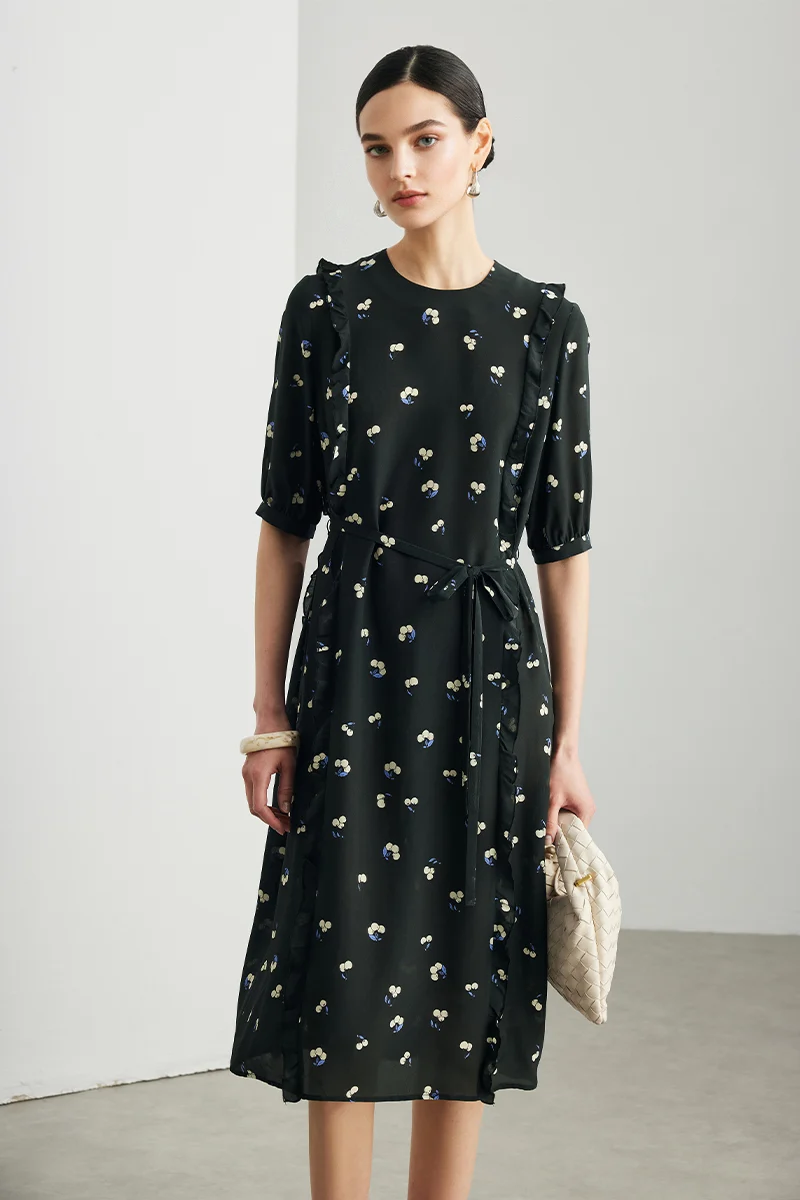 100% Silk 14 Momme Side Ruffle Floral Midi Dress - kasudy